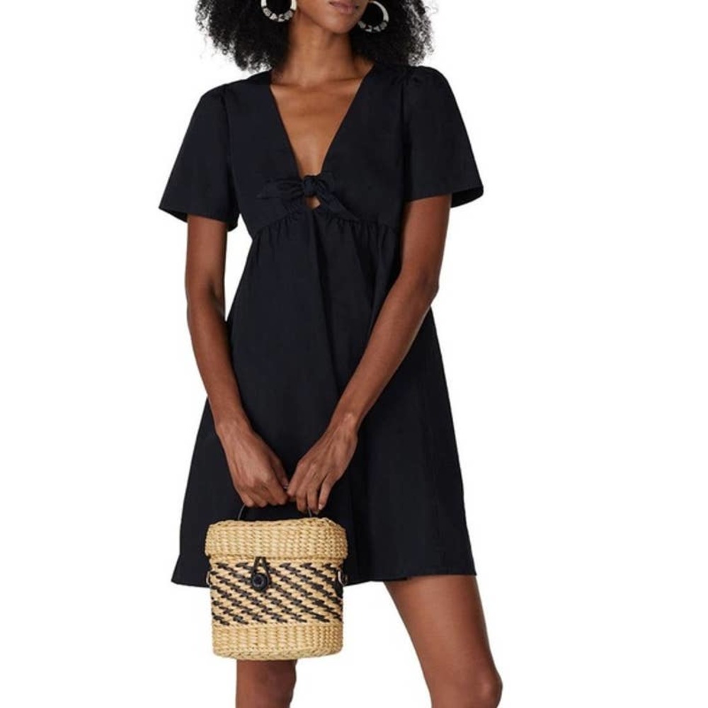 Madewell Womens Tie Front Mini Poplin Dress Size 10 Black Babydoll LBD NEW